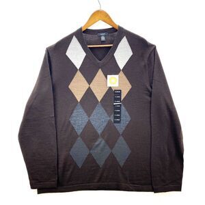 Alfani Argyle Sweater Men's XL Multicolor Merino Wool V-Neck Preppy Long Sleeve